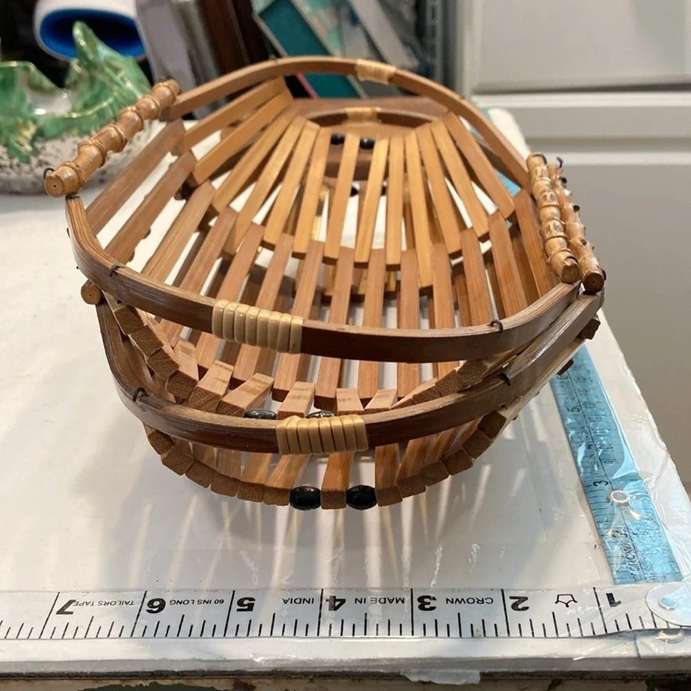 Holiday Bread Baskets Set/2 Mid Century Rattan Baskets W/ Black Beads & Handles